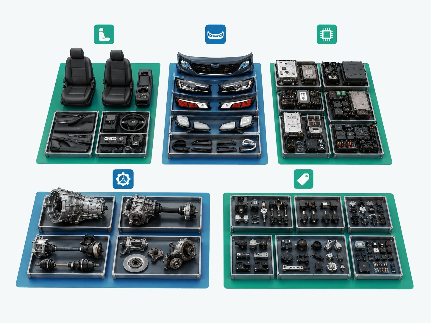 Pulled parts sorted into labeled category trays